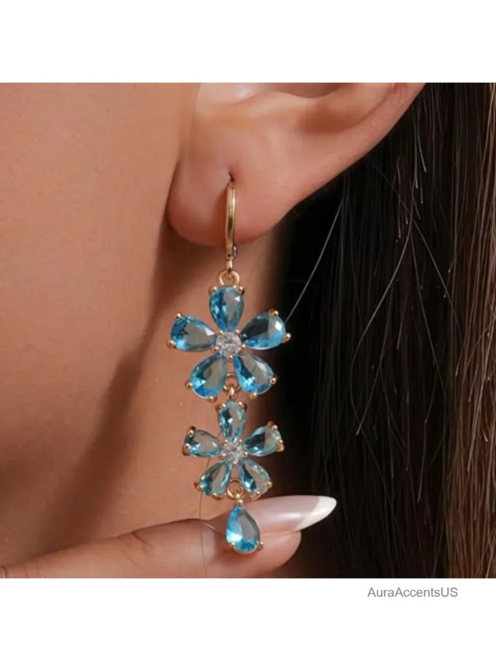 18K Gold Plated Flower Dangle Earrings, Hypoallergenic Cubic Zirconia Drop